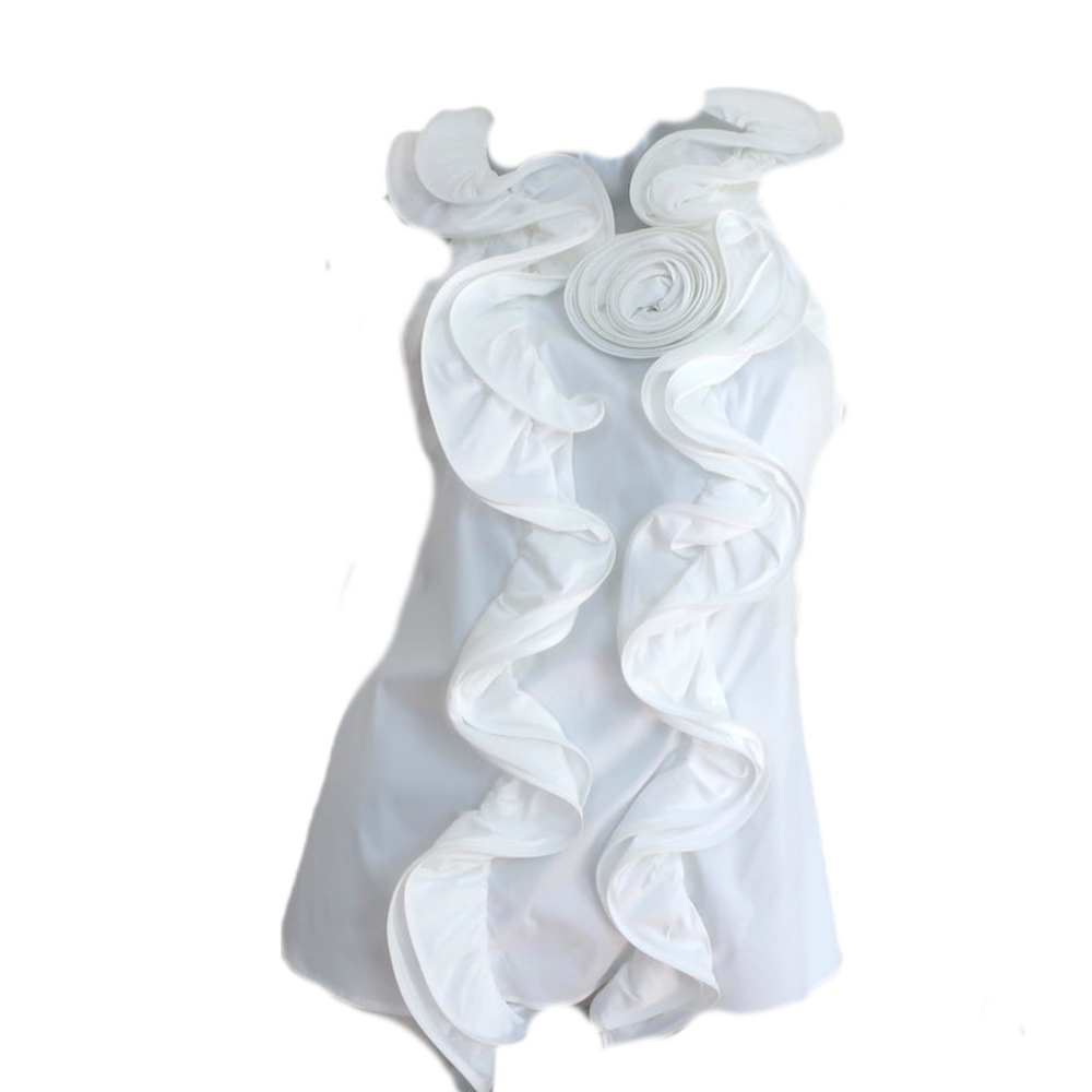 $2,500 OSCAR DE LA RENTA WHITE ROSETTE COTTON BLOUSE US 10